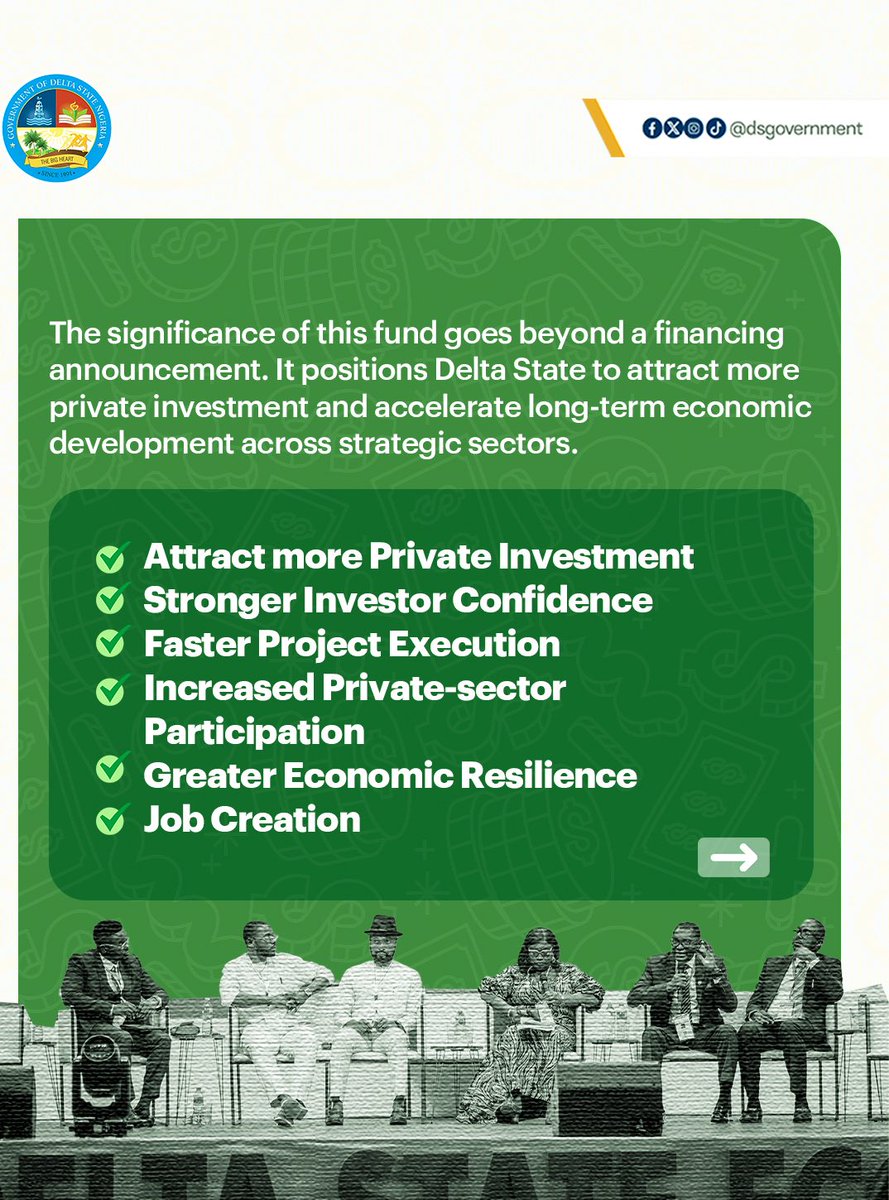 DSGovernment's tweet photo. Governor Sheriff Oborevwori continues to translate Delta State’s investment vision into concrete action with the announcement of a $100 million Viability Gap Fund at the Delta State Economic and Investment Summit 2026.

The initiative signals a strategic shift from promoting opportunities to enabling them. By providing the financial support needed to unlock commercially viable projects, the fund strengthens Delta’s position as a preferred investment destination while reinforcing the administration’s commitment to sustainable economic growth, industrial expansion and broad-based prosperity through strong public-private partnerships.