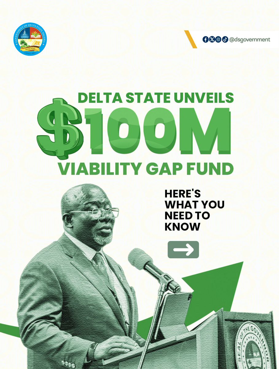 DSGovernment's tweet photo. Governor Sheriff Oborevwori continues to translate Delta State’s investment vision into concrete action with the announcement of a $100 million Viability Gap Fund at the Delta State Economic and Investment Summit 2026.

The initiative signals a strategic shift from promoting opportunities to enabling them. By providing the financial support needed to unlock commercially viable projects, the fund strengthens Delta’s position as a preferred investment destination while reinforcing the administration’s commitment to sustainable economic growth, industrial expansion and broad-based prosperity through strong public-private partnerships.