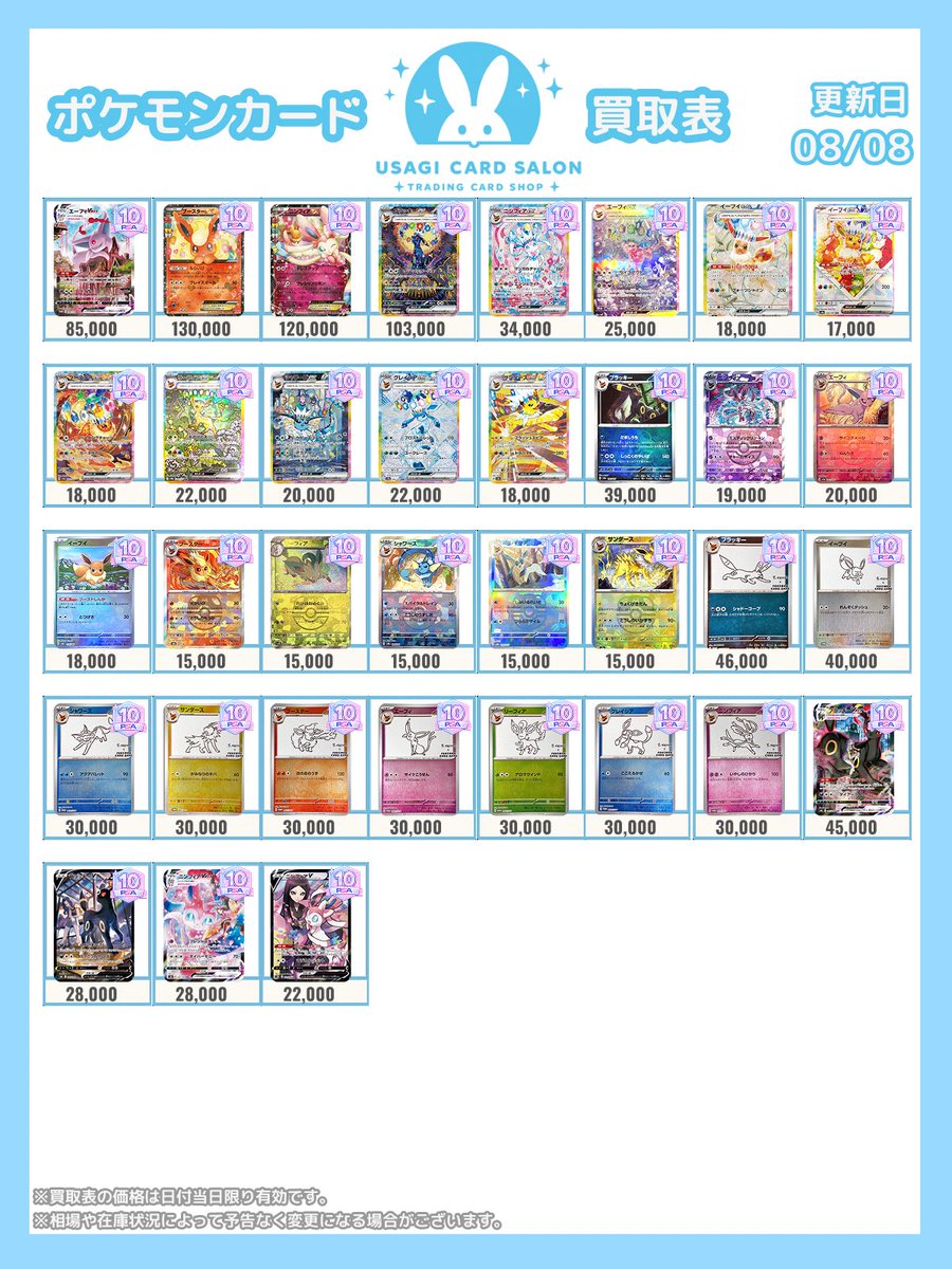 usagicardsalon's tweet photo. 8/8 ポケモンカードPSA買取表①

✦───✦───✦───✦
🩵プレオープン特別企画開催🩵
買取表記載のカードは全て満額買取✨
さらに受付上限なし✨
✦───✦───✦───✦

⚠️ケースの破損・深い傷・カードの人為的な加工・大きめの異物は買取不可となります

#ウサギカードサロン買取表 https://t.co/MCGXHiHt1r