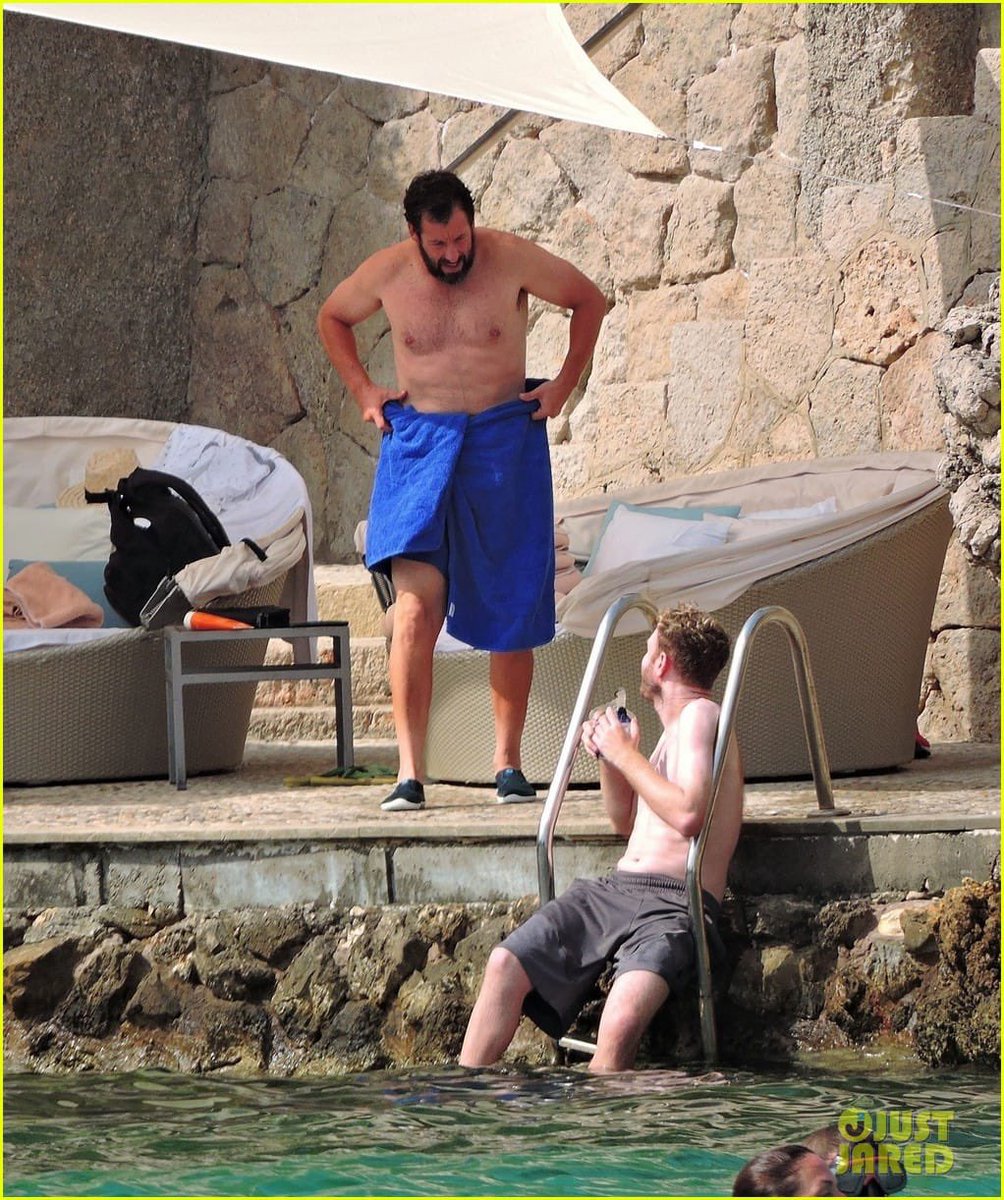 ChrisCholee's tweet photo. Adam sandler goes shirtless while relaxing on a break from filming his Netflix basketball movie Hustle 2021 https://t.co/ovJYB0bsKc