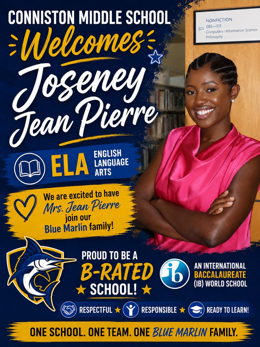 ConnistonMiddle's tweet photo. Please join us in welcoming Joseney Jean Pierre to the Conniston Middle School family as our new ELA Support Teacher!
@jamesthomas3601 @kgwhetsell @JavierOrtolaza @FRiveraPBC https://t.co/sVWH9Hox7p