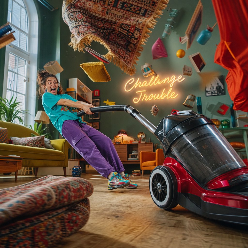 im_shahid7's tweet photo. Some fun using GPT IMAGE 2
Prompt:

Ultra-realistic surreal cinematic photography, 8K.

A young woman wearing a bright turquoise oversized T-shirt, purple sweatpants, and colorful sneakers, accidentally being pulled across the living room by an enormous runaway vacuum cleaner.

Gesture: both hands desperately gripping the vacuum hose, body leaning backward, one foot sliding across the floor, face showing exaggerated surprise mixed with uncontrollable laughter.

Environment: surreal living room disaster, enormous vacuum cleaner racing across the floor, rugs flying upward, cushions spinning through the air, books floating, curtains swirling dramatically, colorful household objects suspended in mid-air, a glowing wall sign saying "Challenge Trouble".

Mood: cheerful, chaotic, absurd, hilarious, goofy, ridiculous, full-color.

Camera angle: dynamic side-angle tracking composition, capturing the woman's entire body and the runaway vacuum cleaner.

Ultra-realistic photography, cinematic lighting, vibrant colors, realistic motion implied through composition, highly detailed textures, exaggerated comedic energy.
2