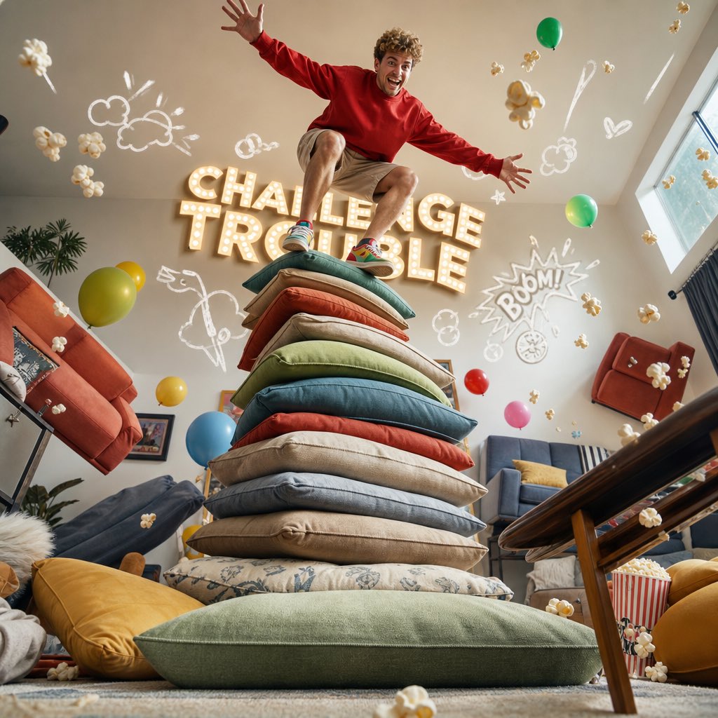 im_shahid7's tweet photo. Some fun using GPT IMAGE 2
Prompt:

Ultra-realistic surreal cinematic photography, 8K.

A young woman wearing a bright turquoise oversized T-shirt, purple sweatpants, and colorful sneakers, accidentally being pulled across the living room by an enormous runaway vacuum cleaner.

Gesture: both hands desperately gripping the vacuum hose, body leaning backward, one foot sliding across the floor, face showing exaggerated surprise mixed with uncontrollable laughter.

Environment: surreal living room disaster, enormous vacuum cleaner racing across the floor, rugs flying upward, cushions spinning through the air, books floating, curtains swirling dramatically, colorful household objects suspended in mid-air, a glowing wall sign saying "Challenge Trouble".

Mood: cheerful, chaotic, absurd, hilarious, goofy, ridiculous, full-color.

Camera angle: dynamic side-angle tracking composition, capturing the woman's entire body and the runaway vacuum cleaner.

Ultra-realistic photography, cinematic lighting, vibrant colors, realistic motion implied through composition, highly detailed textures, exaggerated comedic energy.
2