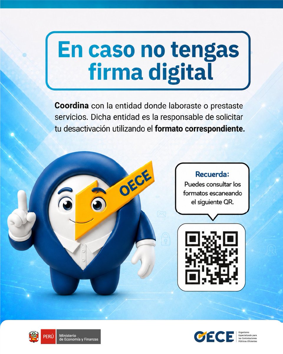 OECEPeru's tweet photo. 📢 #Atención: operador del #Seace
🧏 Si dejaste de trabajar en la entidad que gestionó tu #CertificadoSeace o ya no cuentas con autorización para acceder al #Seace, solicita al #OECE la desactivación de tu certificado de forma rápida. https://t.co/rULGto7oEr
