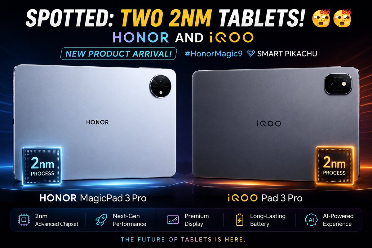 ayansonunigam's tweet photo. π¨ Two 2nm tablets, Honor and iQ00
Loading..... π
#Honor #iQOO https://t.co/oaZPaPdpyG