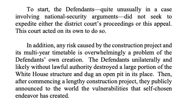 ryanjreilly's tweet photo. Trump admin "unilaterally and likely without lawful authority destroyed a large portion of the White House structure and dug an open pit in its place," says a federal appeals court, then "publicly announced to the world the vulnerabilities that self-chosen endeavor has created." https://t.co/HDpT99AZFM