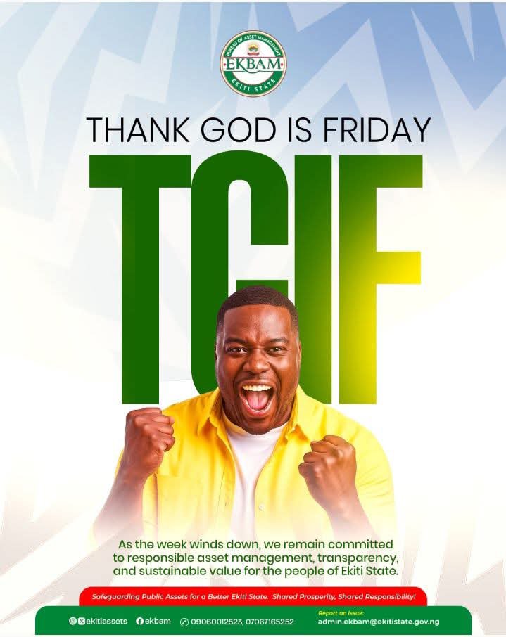 EkitiArshavin's tweet photo. It’s Friday, Ekiti.
Make it a point of duty to secure your space and leave everything properly shut down before leaving for weekend. Little actions from each of us help the state run better.
#EKBAM
#AssetManagement
#SharedResponsibility
#BAOGovernance
#SharedProsperity https://t.co/IhnQhM79BB