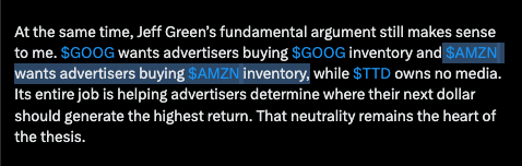 TerminalMiles's tweet photo. This wrong - you're implying that $AMZN prioritizes its own inventory at the expense of others when that's completed backwards.

Might want to check out this podcast from @eric_seufert and @aepstein_ to educate yourself on $TTD's competition bc for someone who has owned this biz since '16, surprised you're getting basic facts wrong that are so critical to the bull thesis from here