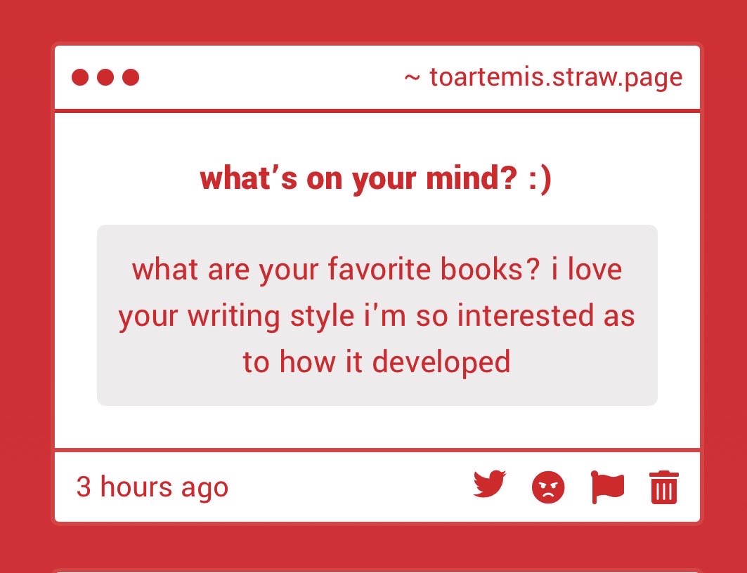 tooartemis's tweet photo. I will link my previous answers to this below!!

But I recently read The Knight and the Moth by Rachel Gillig and found the prose to be lovely. And I reread: 
- Game of Thrones series (classics in my opinion)
- The Iliad 
- Dracula

I also read a lot of poetry! https://t.co/mjGOeFGJVU