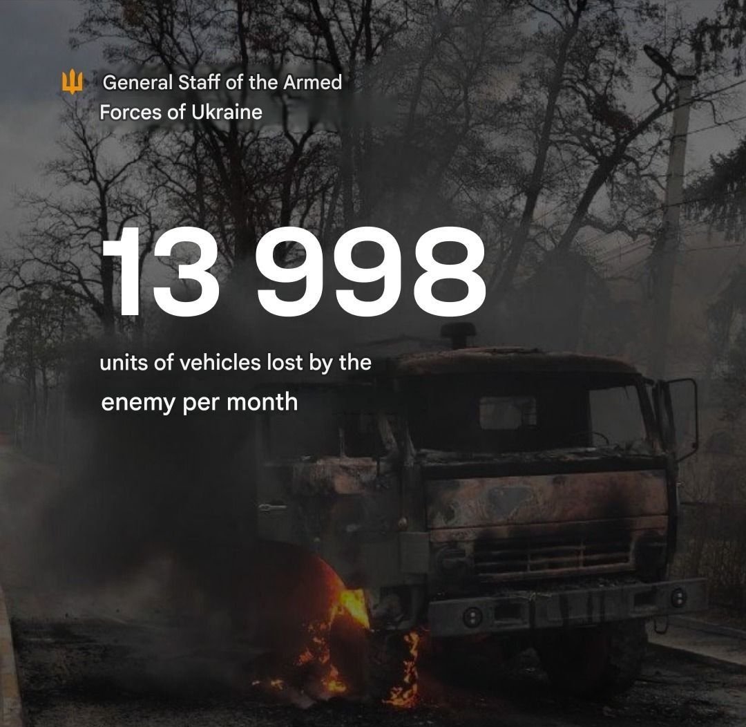 Vijesti11111's tweet photo. The Ukrainian defense forces continue to disrupt the logistics of the invaders.

In July 2026 alone, nearly 14,000 (13,998) units of enemy vehicles were destroyed.

In total, since the beginning of the full-scale invasion, the enemy has lost over 131,000 units of vehicles. https://t.co/AtA3WtqnGX