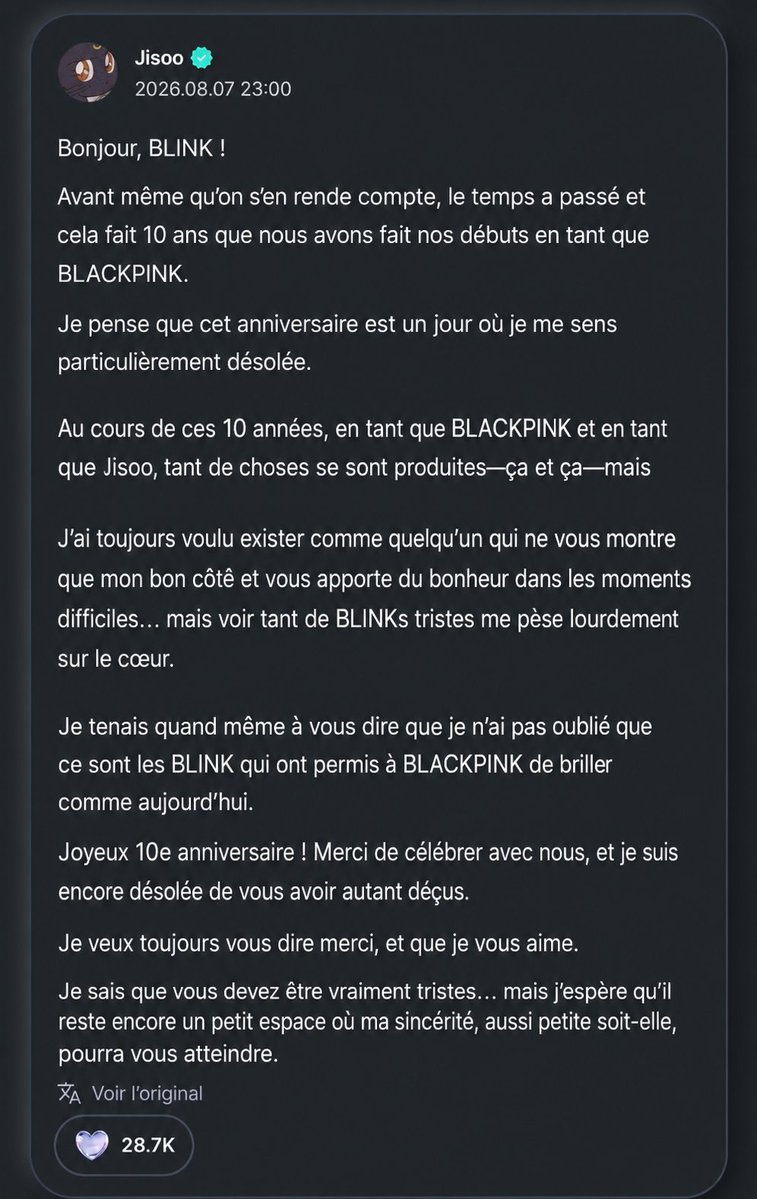 FanBlackpinkfrr's tweet photo. #JISOO a posté un message très touchant pour les 10 ans de @BLACKPINK 🖤💖

"Je sais que vous devez être vraiment tristes...Mais j'espère qu'il reste encore un petite espace où ma sincérité, aussi petite soit-elle, pourra vous atteindre"

DECADE WITH BLACKPINK
#BLACKPINK https://t.co/smGUESnuLs