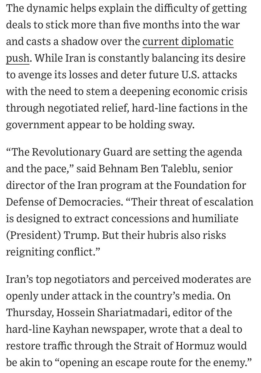 HFI_Research's tweet photo. WSJ:

Mediators said the main negotiators, Foreign Minister Abbas Araghchi and Parliamentary Speaker Mohammad Bagher Ghalibaf, quickly embraced a plan presented this weekend to divide traffic through the Hormuz into an inbound lane near Iran and an outbound lane near Oman. They viewed it as an acknowledgment of Iran’s influence over the waterway. Talks became complicated when the Islamic Revolutionary Guard Corps demanded more explicit references to Iran’s role and clearer benefits, they said.

Even after mediators circulated a draft agreement midweek, the Revolutionary Guard, which exerts control over the waterway, continued to press for the right to charge fees for transits and to seek more explicit assurances that the U.S. will lift its blockade and sanctions on oil sales, they said. 

Iran’s negotiators are speaking more frankly about the limits of their ability to shape the outcome of talks and have said they are under heavy pressure to deliver immediate financial benefits from their deals, the mediators said.