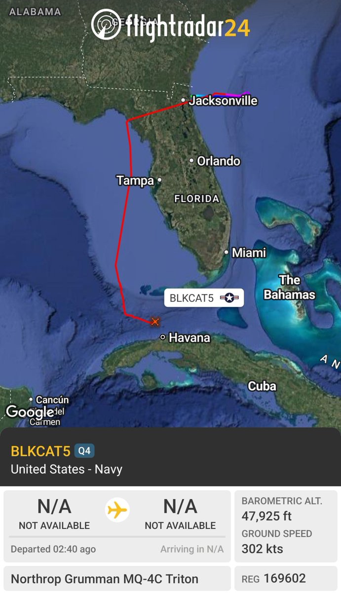 sipjack1776's tweet photo. MQ-4C Triton 🇺🇲
#AE7811/169602/BLKCAT5
out of Jacksonville operating over the Caribbean Sea north of Havana.
@Borrowed7Time @MichaelBonet8 @Spidergwenweb1 https://t.co/1MXNB5Ynmu