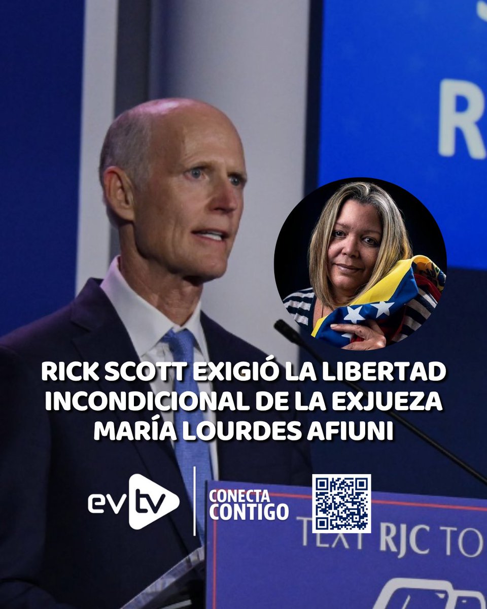 EVTVMiami's tweet photo. 🇺🇸 Rick Scott exigió la libertad incondicional de la exjueza María Lourdes Afiuni

📢 El senador estadounidense @scottforflorida exigió la liberación inmediata de la exjueza María Lourdes Afiuni y denunció que suma 16 años bajo un proceso judicial arbitrario por defender el Estado de derecho.

⚠️ El legislador alertó sobre el delicado estado de salud de Afiuni, quien enfrenta una condición crítica mientras especialistas investigan el hallazgo de múltiples tumores en su organismo.

📌 Scott responsabilizó al chavismo por mantenerla privada de justicia durante más de una década y reiteró que la jurista nunca debió pasar un solo día en prisión.

#NoticiasEVTV #RickScott #Venezuela