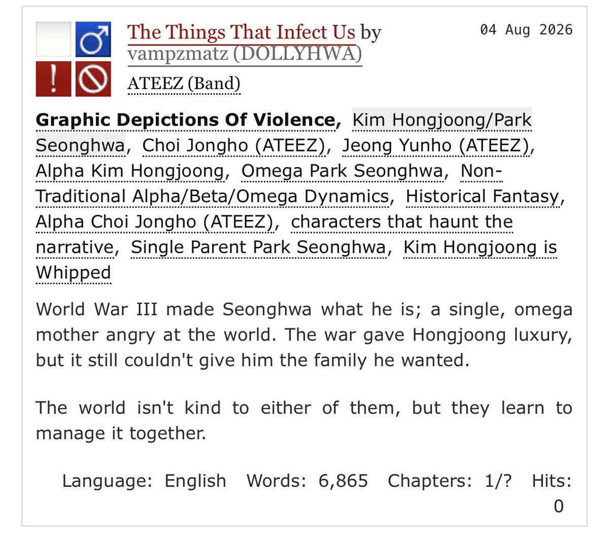 vampz4matz's tweet photo. THE THINGS THAT INFECT US

𖤓 single mother psh x rich khj

𖤓 historical fiction

𖤓 omegaverse, loser alpha khj, annoyed (endeared) omega psh, young alpha cjh, everyone else haunts the narrative

𖤓 1/?

https://t.co/t7Qn6wBhQz https://t.co/RpYSf2fIAk