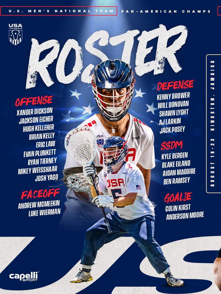 USALMNT's tweet photo. We’re ready. 🇺🇸🥍

Meet the 22 players representing the United States at the inaugural Pan-American Men’s Lacrosse Championship in Jamaica.

Let’s work. https://t.co/I5ad6HrH4x