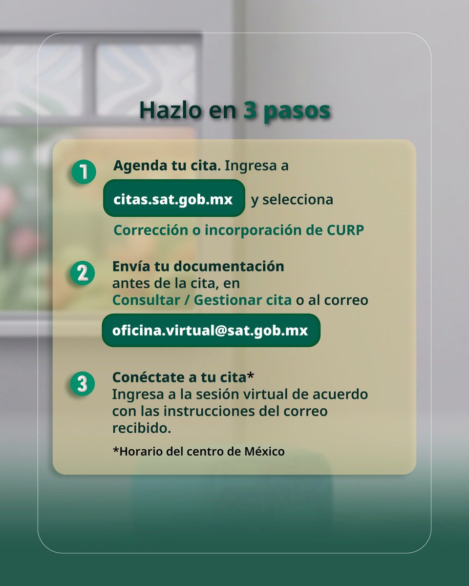 SATMX's tweet photo. 📌 Corrige o incorpora tu CURP en el RFC mediante Oficina Virtual.

Agenda tu cita, envía la documentación requerida y conéctate a tu sesión virtual en la fecha y hora programadas (horario del centro de México).

Registra tu cita en: https://t.co/HtlAkjaD9d https://t.co/25oeJf0IdM