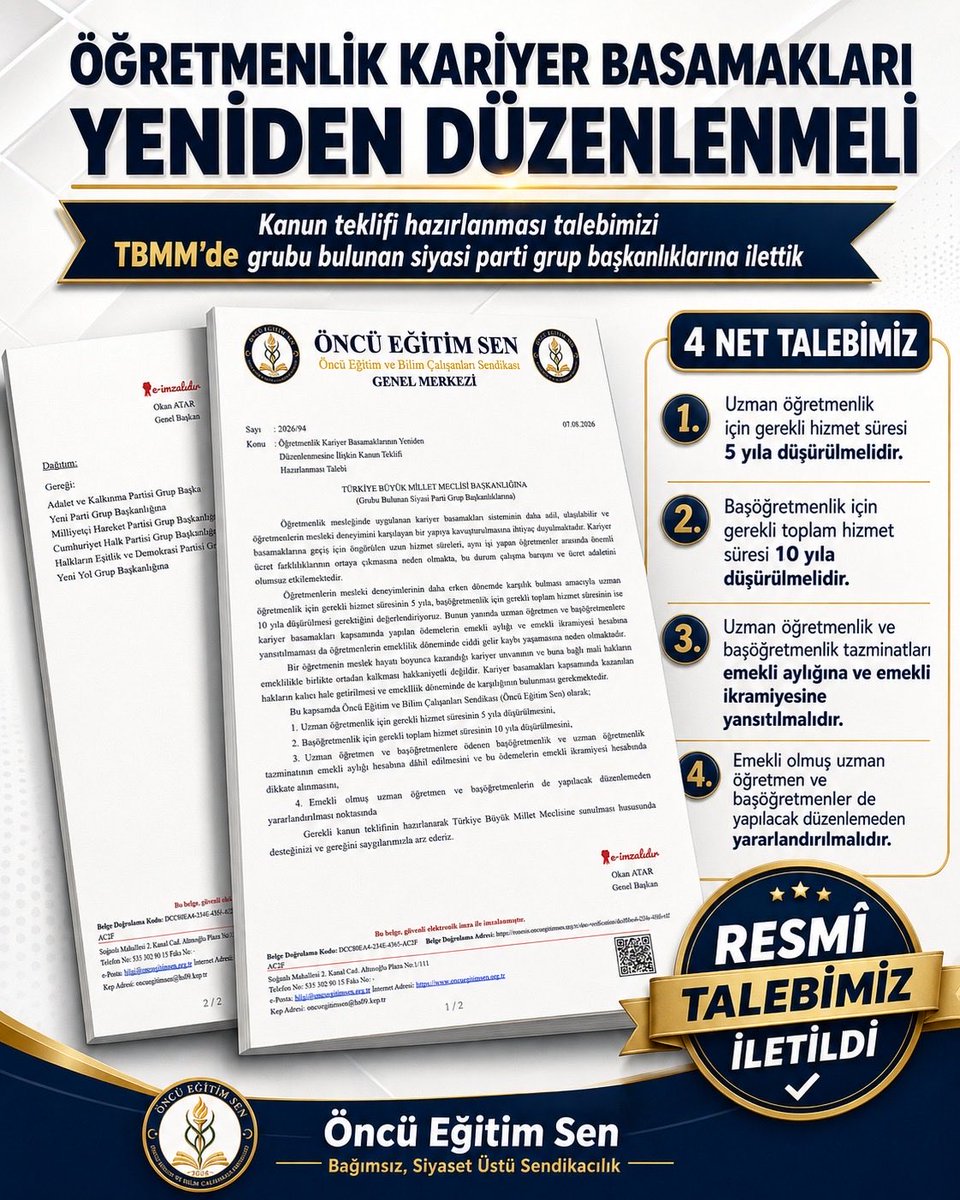 oncuegitimsen's tweet photo. Öğretmenlik mesleğinde uygulanan kariyer basamakları sisteminin daha adil, ulaşılabilir ve öğretmenlerin mesleki deneyimini karşılayan bir yapıya kavuşturulmasına ihtiyaç duyulmaktadır. Kariyer basamaklarına geçiş için öngörülen uzun hizmet süreleri, aynı işi yapan öğretmenler arasında önemli ücret farklılıklarının ortaya çıkmasına neden olmakta, bu durum çalışma barışını ve ücret adaletini olumsuz etkilemektedir.

Öğretmenlerin mesleki deneyimlerinin daha erken dönemde karşılık bulması amacıyla uzman öğretmenlik için gerekli hizmet süresinin 5 yıla, başöğretmenlik için gerekli toplam hizmet süresinin ise 10 yıla düşürülmesi gerektiğini değerlendiriyoruz. Bunun yanında uzman öğretmen ve başöğretmenlere kariyer basamakları kapsamında yapılan ödemelerin emekli aylığı ve emekli ikramiyesi hesabına yansıtılmaması da öğretmenlerin emeklilik döneminde ciddi gelir kaybı yaşamasına neden olmaktadır.

Bir öğretmenin meslek hayatı boyunca kazandığı kariyer unvanının ve buna bağlı mali hakların emeklilikle birlikte ortadan kalkması hakkaniyetli değildir. Kariyer basamakları kapsamında kazanılan hakların kalıcı hale getirilmesi ve emeklilik döneminde de karşılığının bulunması gerekmektedir.

Bu kapsamda Öncü Eğitim ve Bilim Çalışanları Sendikası olarak;

1. Uzman öğretmenlik için gerekli hizmet süresinin 5 yıla düşürülmesini,
2. Başöğretmenlik için gerekli toplam hizmet süresinin 10 yıla düşürülmesini,
3. Uzman öğretmen ve başöğretmenlere ödenen başöğretmenlik ve uzman öğretmenlik tazminatının emekli aylığı hesabına dâhil edilmesini ve bu ödemelerin emekli ikramiyesi hesabında dikkate alınmasını,
4. Emekli olmuş uzman öğretmen ve başöğretmenlerin de yapılacak düzenlemeden yararlandırılması noktasında

Gerekli kanun teklifinin hazırlanarak Türkiye Büyük Millet Meclisine sunulması hususunda desteğinizi ve gereğini saygılarımızla arz ederiz.

Öncü Eğitim ve Bilim Çalışanları Sendikası