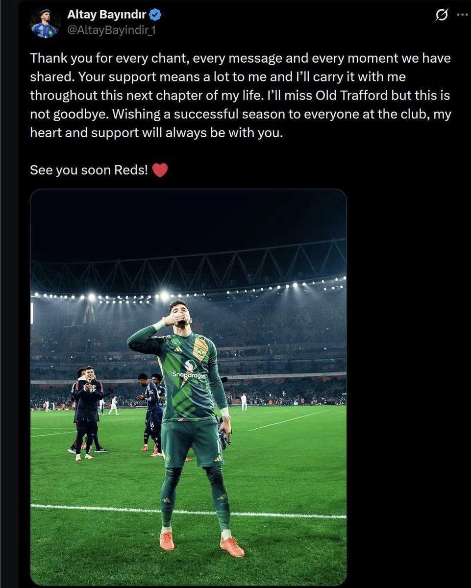 Osazeekelvin10's tweet photo. [Altay Bayındır for X] Thank you for every chant, every message and every moment we have shared. Your support means a lot to me and I’ll carry it with me throughout this next chapter of my life. I’ll miss Old Trafford but this is not goodbye. Wishing a successful season to everyone at the club (.)

, my heart and support will always be with you. See you soon Reds!  Wish you the best altay