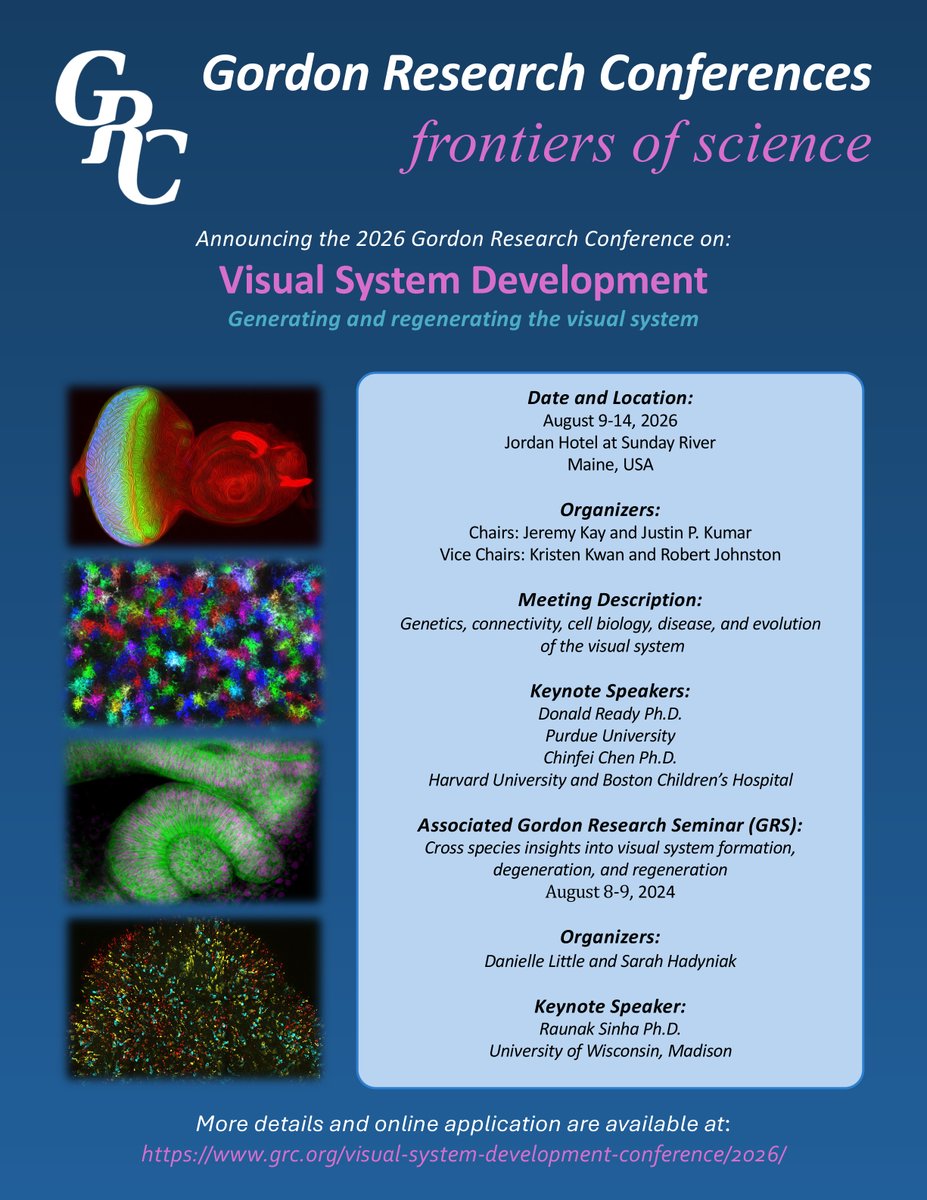 FlyEyeLab's tweet photo. The 2026 GRS/GRC on Visual System Development begins tomorrow. It is going to be a great meeting. Jeremy Kay, Kristen Kwan, Robert Johnston and I are looking forward to seeing you in beautiful Maine. Safe travels to all attendees. See you in a day! https://t.co/EVNQH8t1Wq