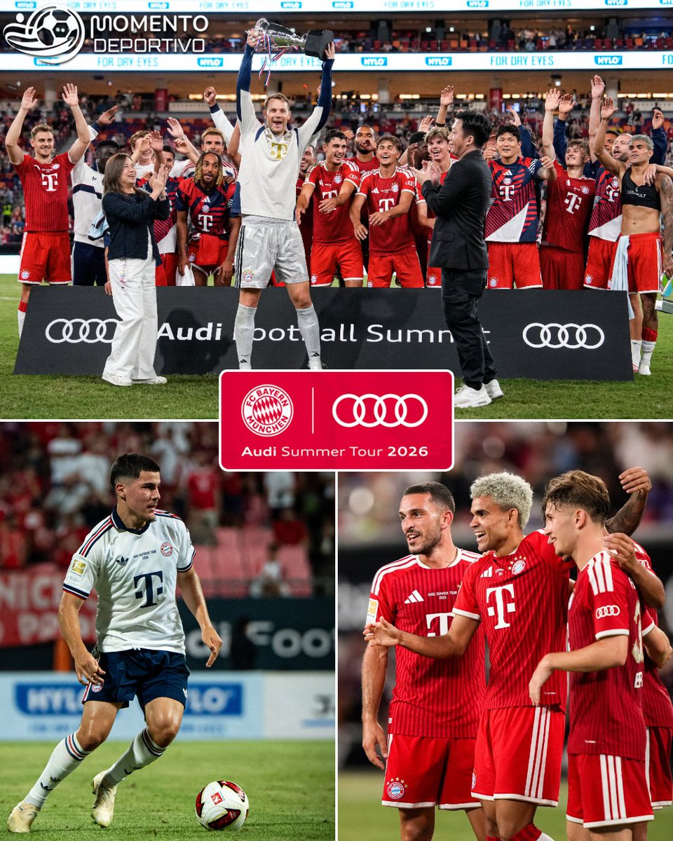 MDeportivope's tweet photo. 🇩🇪🇵🇪 Con Felipe Chávez en el plantel, Bayern Múnich se proclamó CAMPEÓN del Audi Summer Tour 2026 en su mini gira de pretemporada por Asia.

El peruano fue titular ante Jeju SK 🇰🇷, donde jugó 61' y anotó un gol.

Luego estuvo como suplente en la victoria 2-1 sobre Aston Villa 🏴󠁧󠁢󠁥󠁮󠁧󠁿. https://t.co/oP07iQ52kf
