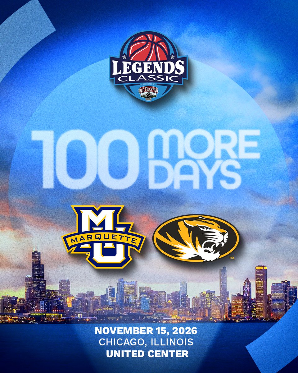 LegendsBBall's tweet photo. 💯🏀 100 days until the Legends Classic!

The countdown is on! Don't miss a premier non-conference matchup as @MarquetteMBB takes on @MizzouHoops at the United Center.

🏀 Tickets are ON SALE! 🏀

📍 Chicago, IL
📅 November 15, 2026

🎟️ Get your seats now: https://t.co/bLDOqpFpc0 https://t.co/QaA8cavYFi