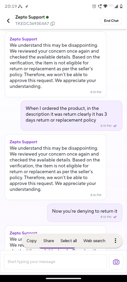 writ_and_wit's tweet photo. Hi @ZeptoNow , can you explain this?
Your product page clearly states that the item is eligible for refund/replacement within 3 days if delivered defective. I reported the issue within that period, yet support refused the return citing “seller policy.” https://t.co/3oORmYiWsS