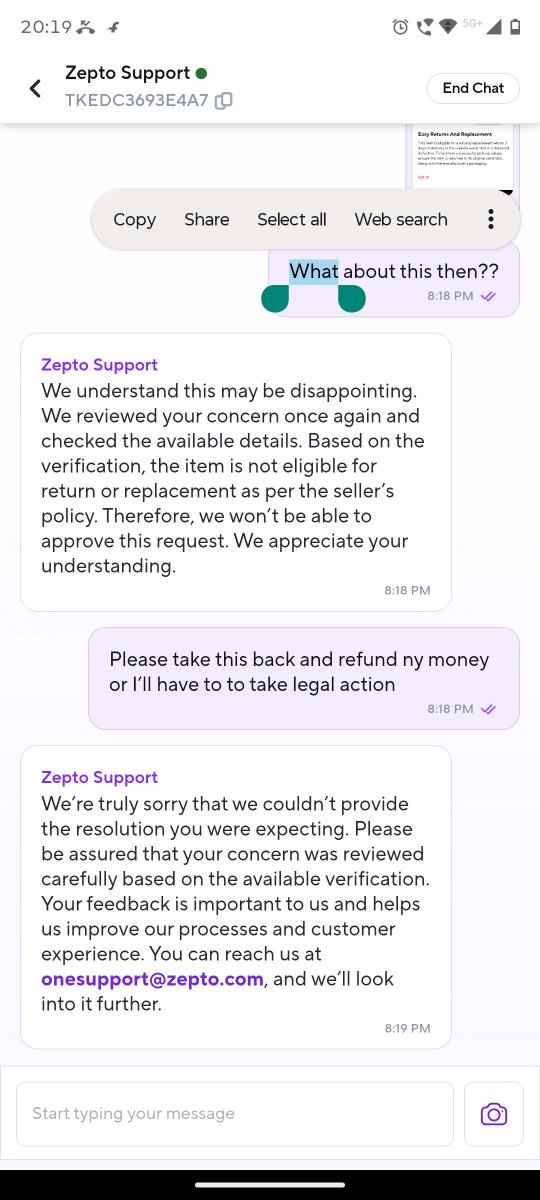writ_and_wit's tweet photo. Hi @ZeptoNow , can you explain this?
Your product page clearly states that the item is eligible for refund/replacement within 3 days if delivered defective. I reported the issue within that period, yet support refused the return citing “seller policy.” https://t.co/3oORmYiWsS