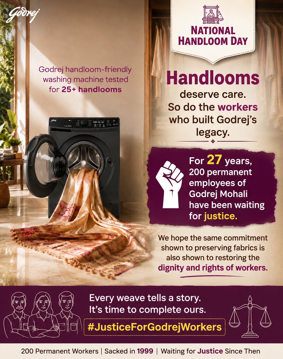 TheSanatanFacts's tweet photo. @GodrejAppliance This National Handloom Day, let’s not just preserve our weaves, let’s proudly wear them." When will you talk about preserve you 200 employees❓ you sacked in1999 from mohali plant.
#JusticeForGodrejWorkers 
#Godrej @LabourMinistry @CLCMOLE @MLJ_GoI  @girirajsinghbjp https://t.co/AcxNhwUb8C