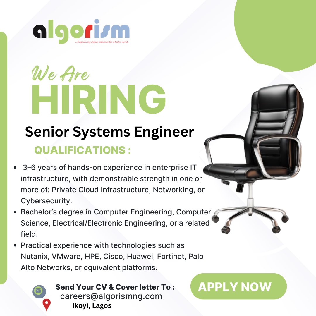 algorismng's tweet photo. We're hiring  | Senior Systems Engineer (Cloud / Networking / Security) at Algorism Limited. 3–6 yrs exp. Ikoyi, Lagos.

Send your CV to careers@algorismng.com — subject: "Senior Systems Engineer"

#Hiring #TechJobsNigeria #Lagos https://t.co/oACgEmwhUA