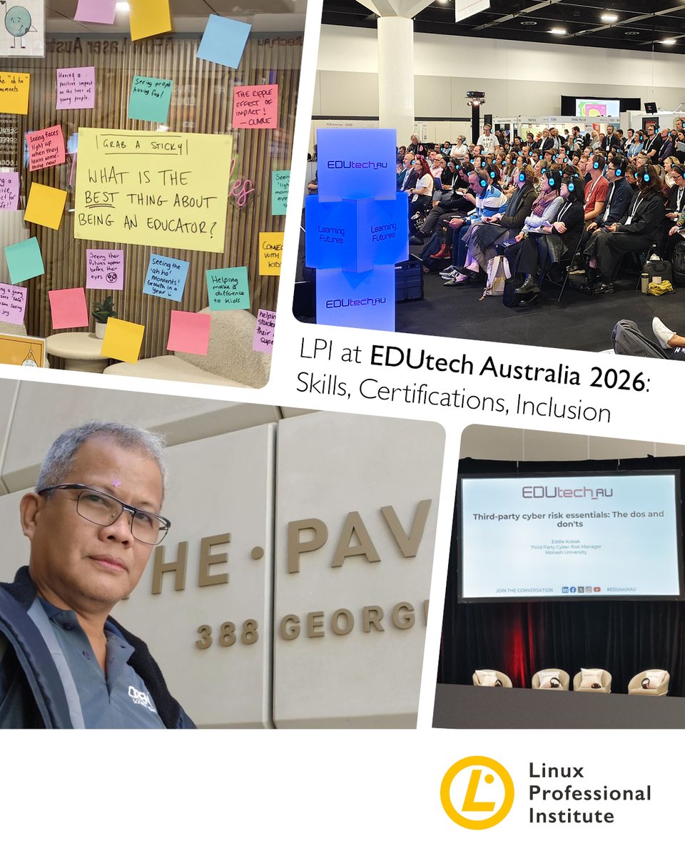 LPIConnect's tweet photo. #EDUtechAU 2026 in Sydney reaffirmed LPI's commitment to supporting Australian education through #opensource skills development and partnerships.

Read Jose Jolly Villaviza’s recap of the event to learn more: https://t.co/lpIh2pc9fr

 #Linux #learnlinux #LPI @EDUtech_AU https://t.co/2ZJ0v2Vu1O
