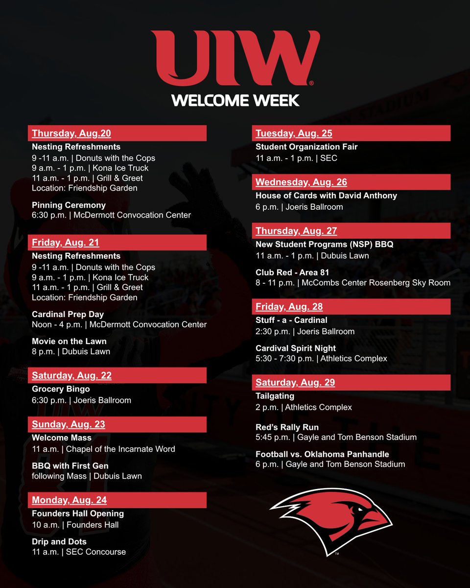 uiwcardinals's tweet photo. Warning: Campus energy levels are about to soar! 👌 Countdown to Welcome Week 2026 starts now!
#UIWWelcomeWeek #GoCards https://t.co/EyIKnoNXLU