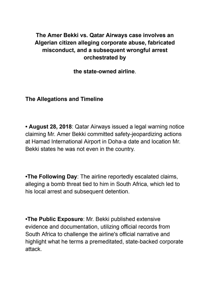 amer_bekki's tweet photo. @qatarairways The Amer Bekki vs. Qatar Airways case involves an Algerian citizen alleging corporate abuse, fabricated misconduct, and a subsequent wrongful arrest orchestrated by the state-owned airline. #QatarAirwaysCase #JusticeForAmerBekki #HumanRights #PassengerSafety https://t.co/s1SgnAGsuf