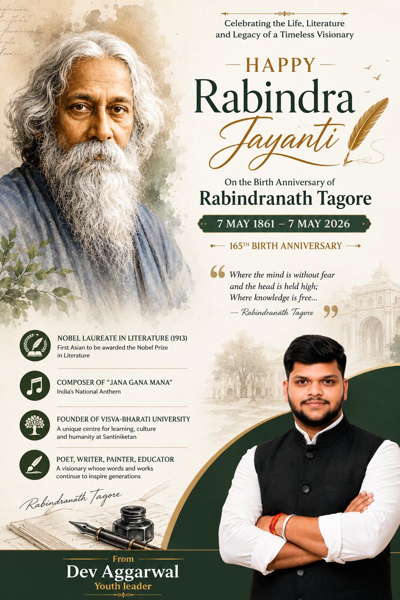 DevAggarwal0100's tweet photo. Heartfelt tributes to Gurudev Rabindranath Tagore on his birth anniversary. His ideals of education, patriotism, creativity, and universal brotherhood remain a guiding light for our nation. Let us carry forward his vision of a stronger, enlightened, and compassionate India. 🇮🇳 https://t.co/5XEKumCe8Q