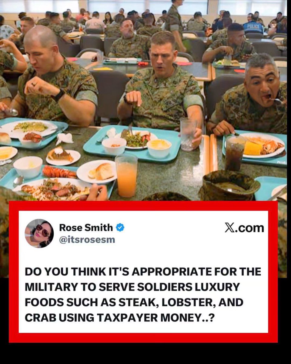 itsrosesm's tweet photo. Do You Think Itโs Appropriate for the Military to Serve Soldiers Luxury Foods Such as Steak, Lobster, and Crab Using Taxpayer Money? https://t.co/8vTgqQ9szc