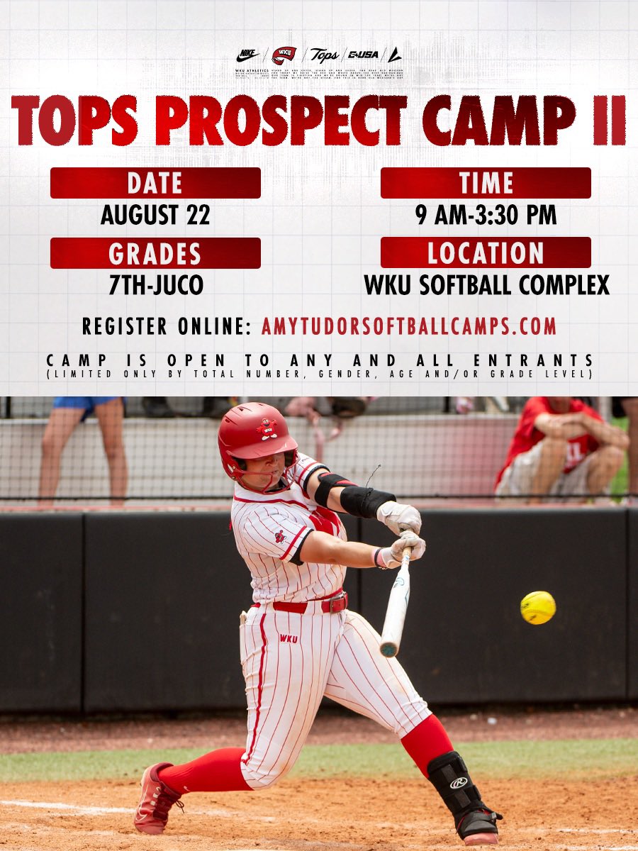 WKUSoftball's tweet photo. Upcoming August Camps 🥎☀️

Join us for Head Coach Amy Tudor’s Softball Camps August 22-23 at the WKU Softball Complex!

Sign Up: https://t.co/3ARzPhn1Ce https://t.co/2xLQVz5Kiu
