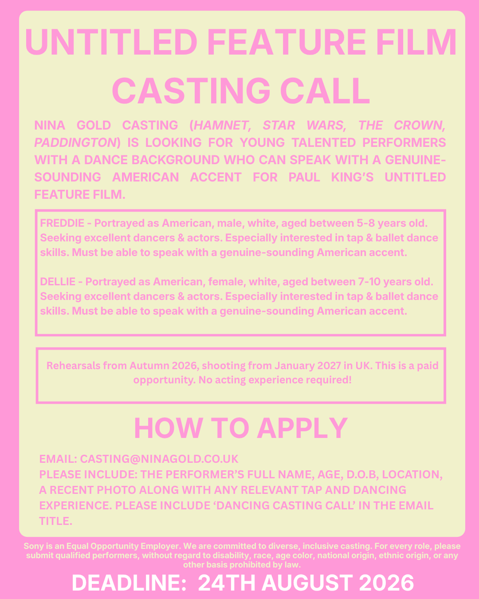 ltd_nina's tweet photo. *FEATURE FILM CASTING CALL*

We are looking for young talented performers to play the roles of FREDDIE &amp; DELLIE in Paul King's new feature film.

These characters are American and excellent dancers and actors. 

#castingcall #casting #featurefilm #dancecall https://t.co/EkKwpcIt35