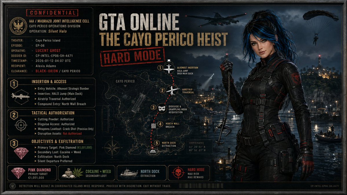 GrandTheftAdams's tweet photo. #GTAOnline #GTAV #CayoPerico #CayoPericoHeist #OperationSilentHalo #HardMode #SoloHeist #SoloStealth #PinkDiamond #Alkonost #HALOJump #NorthDock #GTAHeist #RockstarGames #LexiChronicles https://t.co/Yv7yLFZhj0