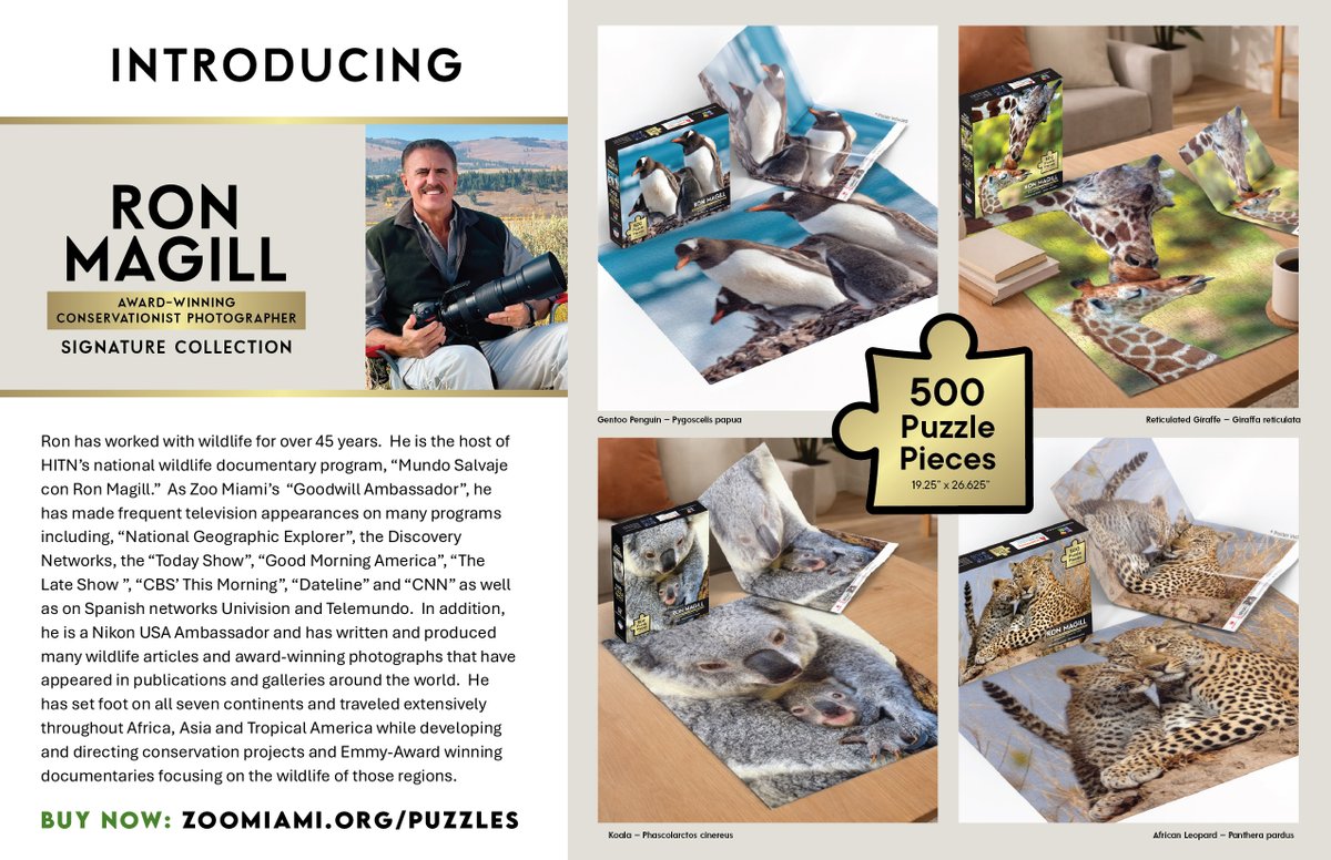 RonMagill's tweet photo. I'm excited to announce the release of my signature puzzle collection! The cost is $30 per puzzle for pickup at the zoo or $40 including delivery. A portion of each sale benefits the Ron Magill Conservation Endowment. Go to https://t.co/NKegSF1YCD to order yours! https://t.co/WEUuOEl2gw