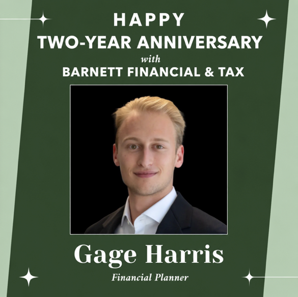 dmegbasham's tweet photo. This week we're celebrating 2 years of Gage as part of the Barnett Financial &amp; Tax team! As one of our Financial Planners, Gage brings knowledge, care, and genuine dedication to every client relationship. Thank you for all you do to help our clients work toward their goals. https://t.co/XSIMKlK3ys