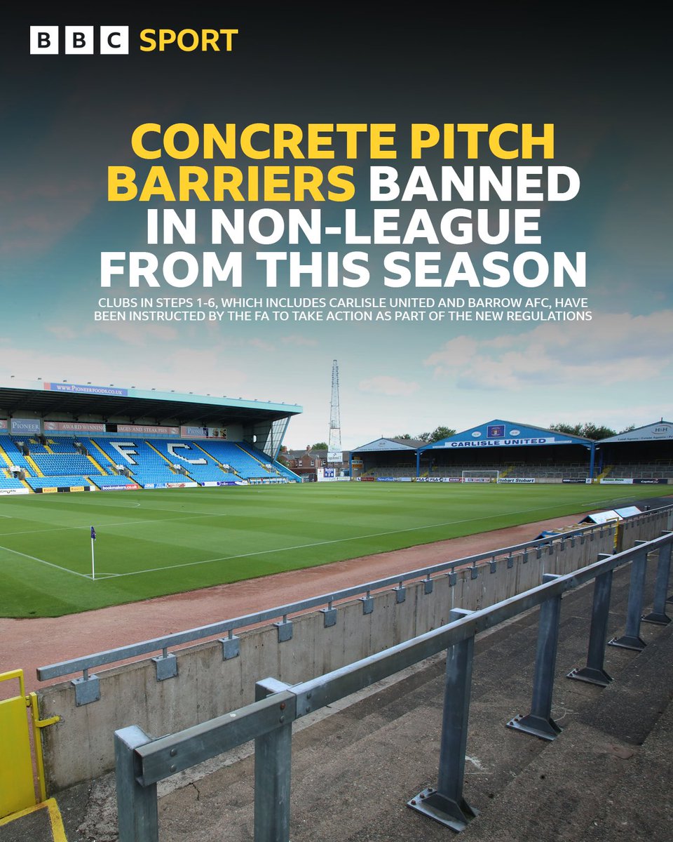 bbccumbriasport's tweet photo. The FA have announced breeze block, solid brick and concrete perimeter walls like those at Carlisle United and Barrow will no longer be permitted from this season in steps 1-6.

#bbcfootball #carlisleunited #barrowafc https://t.co/0CdP0chYEk