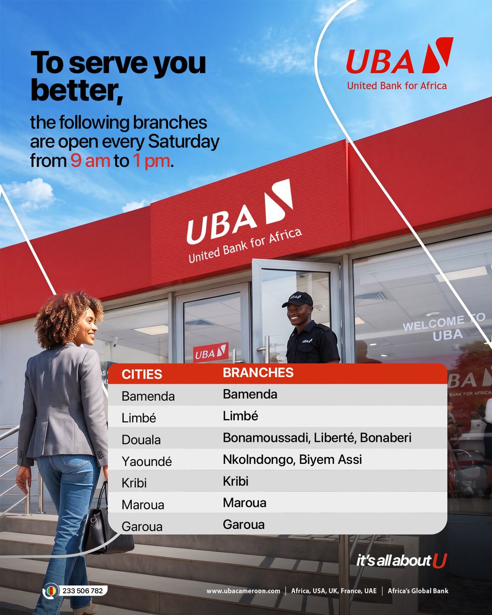ubacameroon's tweet photo. 𝗨𝗕𝗔 𝗶𝘀 𝗵𝗲𝗿𝗲 𝗳𝗼𝗿 𝘆𝗼𝘂 𝗲𝘃𝗲𝗿𝘆 𝗦𝗮𝘁𝘂𝗿𝗱𝗮𝘆.

Our selected branches are open from 9:00 AM to 1:00 PM to better serve you.

#AfricasGlobalBank
#TheBankCloserToYou https://t.co/qNutsgoWO2