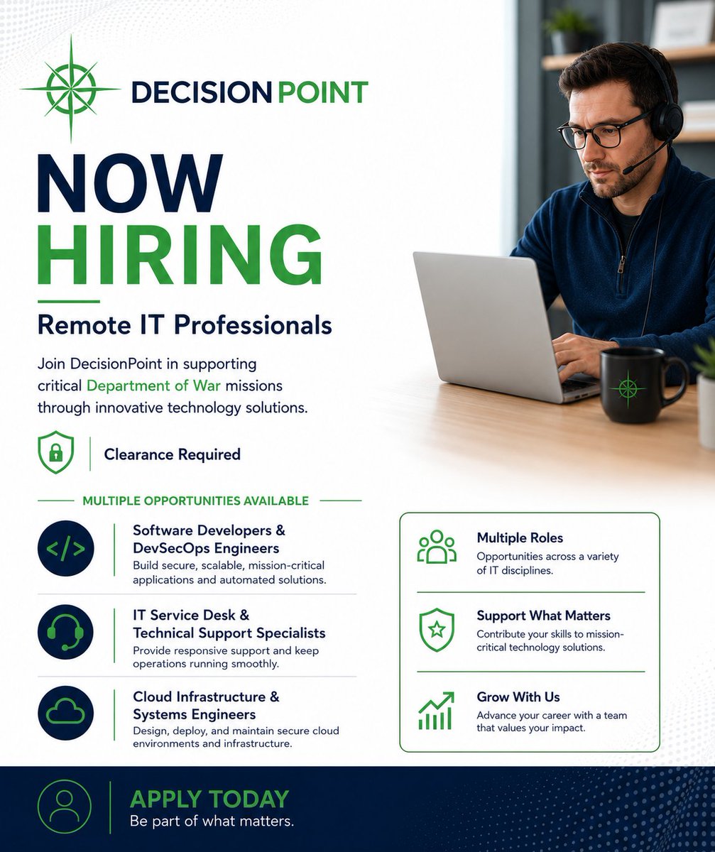 DecPtCorp's tweet photo. We're currently seeking:
• Software Developers &amp; DevSecOps Engineers
• IT Service Desk &amp; Technical Support Specialists
• Cloud Infrastructure &amp; Systems Engineers

Apply today: https://t.co/tz7Qkf13kL

#NowHiring #RemoteJobs #ITCareers #DevSecOps #CloudComputing #ITSupport https://t.co/XJKSwQmwY2