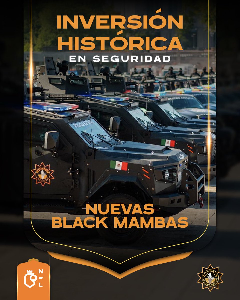 nuevoleon's tweet photo. Como parte de nuestra estrategia #PresenciaTotal hicimos una inversión histórica en seguridad y equipamos a la nueva Fuerza Civil con 100 vehículos tácticos blindados Black Mamba para reforzar la vigilancia en carreteras y zonas urbanas de Nuevo León. 🚔🛡💪🏼 https://t.co/Hs64IVikJ0