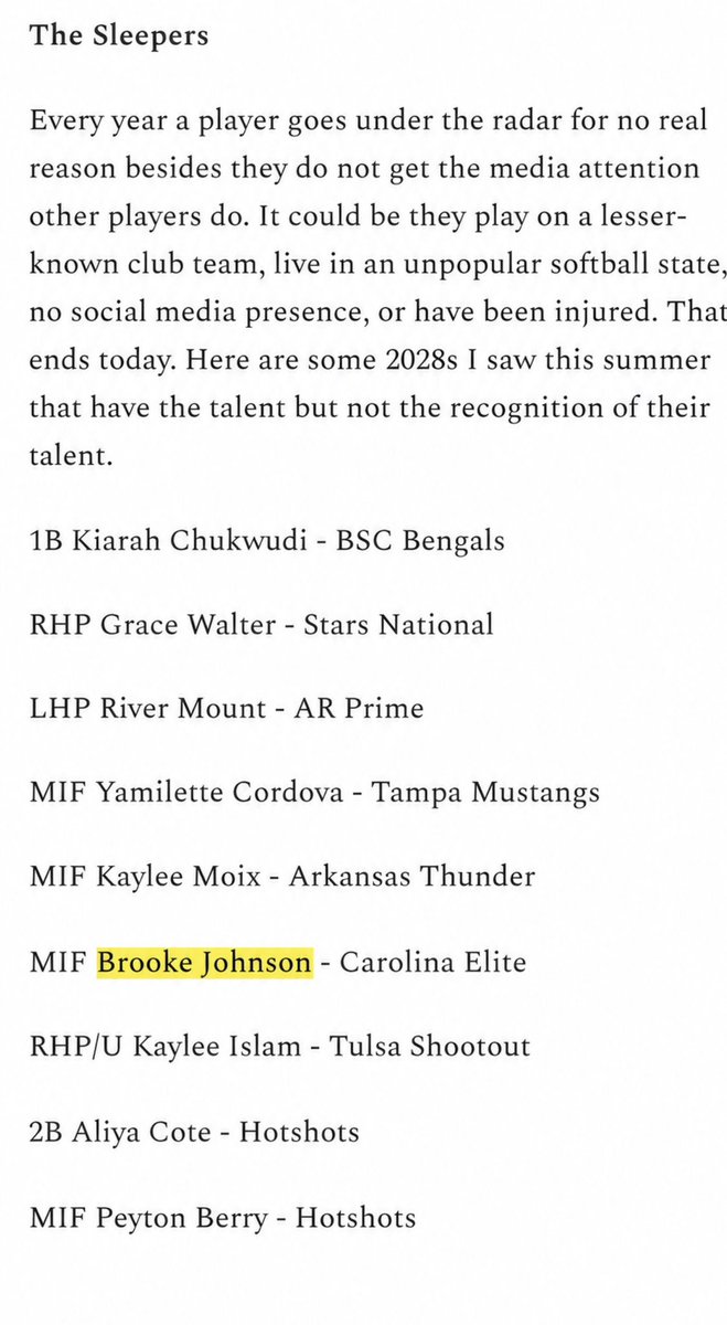 BrookeJo04's tweet photo. Thank you, @DiamondAddicts, for recognizing me as a 2028 “Sleeper.” I’m grateful for the recognition and excited for what’s ahead! 
@EliteFusetti @ArmorUp21 @EjanFusetti @grit_AA @ExtraInningSB @SoftbalAmerica @CoastRecruitsSB @MerlG_Official @LineDsoftball @DirectRecruits @DfwSho @PrepSoftball 
#2028Grad #Recruiting #BeElite