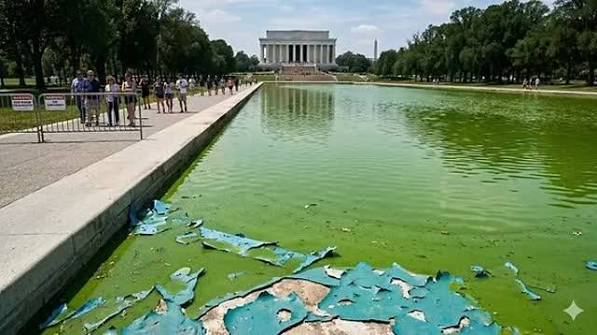 PaulRudnickNY's tweet photo. The destroyed, algae ridden reflecting pool has been officially renamed Kari Lake https://t.co/b8dN1QM5qs