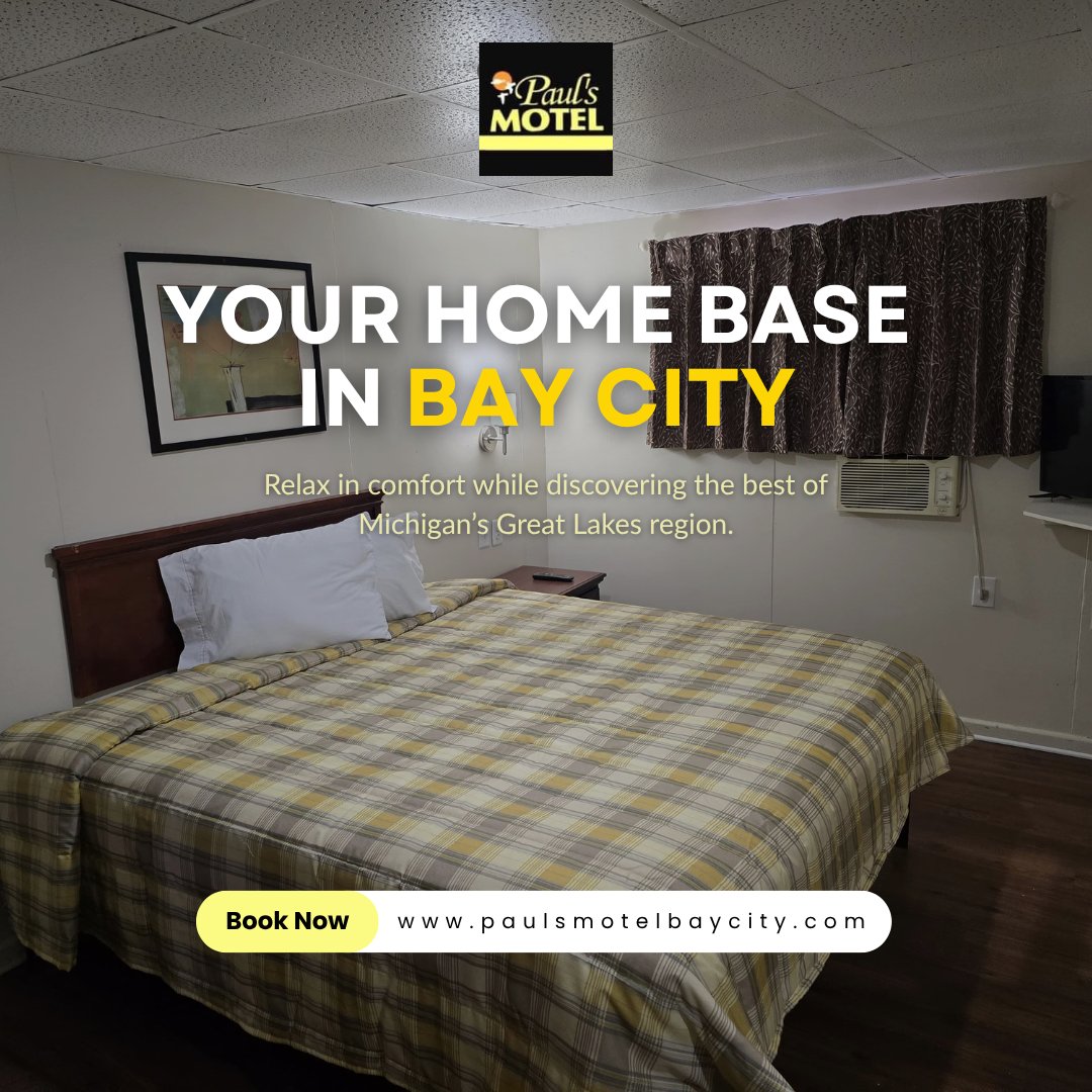 PaulMotelBayC's tweet photo. 🏡 Your Home Base in Bay City

Relax in comfort and explore the charm of Bay City, from waterfront views to local attractions—all just moments away.

🌐 https://t.co/Q7jr4pGH17

#PaulsMotel #BayCityMI #StayWithUs #ExploreBayCity #TravelMichigan #BookNow https://t.co/d38SJRW0gE