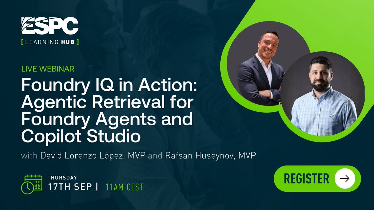 ESPC_Community's tweet photo. #AzureAIWeek Webinar: Foundry IQ in Action: Agentic Retrieval for Foundry Agents and #CopilotStudio
Learn how to build smarter, secure #AIAgents with #FoundryIQ by creating a shared knowledge layer, implementing agentic retrieval, and connecting both pro-code and low-code agents to deliver accurate, permission-aware answers.
Register today ➡️ https://t.co/6WF5HJdmw9