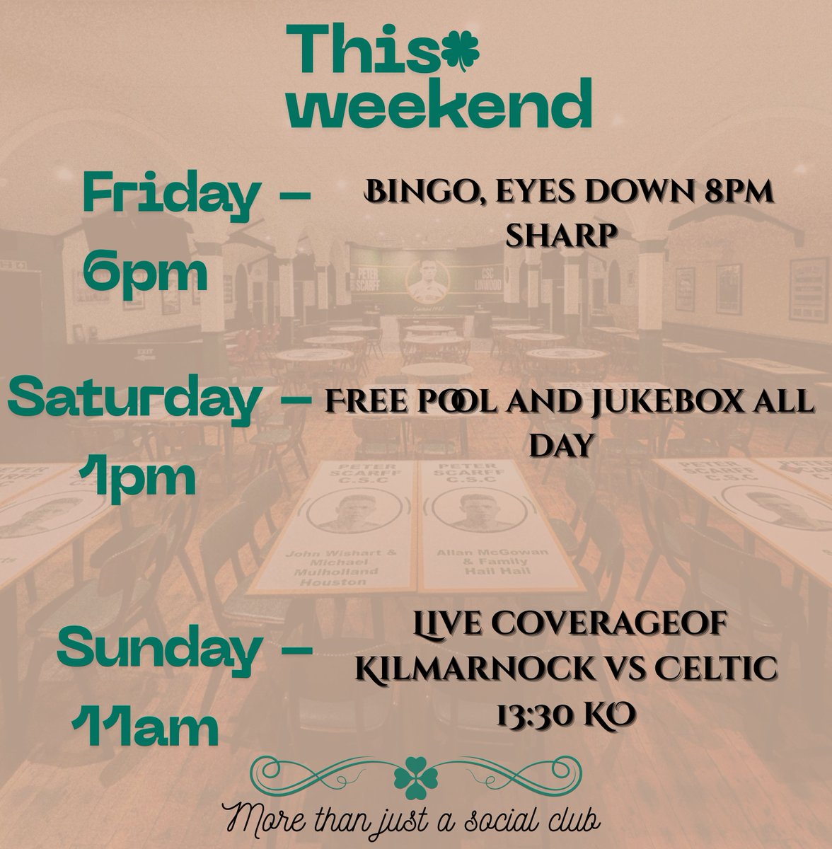 PeterScarffClub's tweet photo. Club opening times and events this weekend 🍀 https://t.co/oZ0yRbOQAB