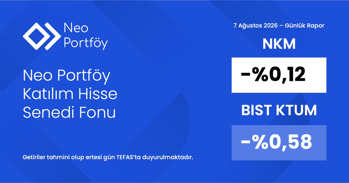 NKMNeoPortfoy's tweet photo. 7 Ağustos 2026 tarihli, kesin olmayan getiri oranlarımızı içeren günlük raporumuz:

📈 NKM: -%0,12
📊 BISTKTUM: -%0,58 https://t.co/q9sYZ2PsyJ